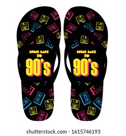 this is a sandal with a retro style design of 90s with additional illustrations of cassettes and gameboys