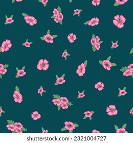 This scattered cute tiny pink flower print on a charcoal black background makes a lovely seamless repeat pattern design.