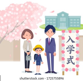 This is a scene of attending an elementary school entrance ceremony with his father and mother.The sign "入学式" means "entrance ceremony".
