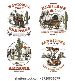 This scene features symbols of the wild west showcasing an eagle a wagon cacti and a snake. They represent the spirit and landscape of the American frontier specifically Arizona.