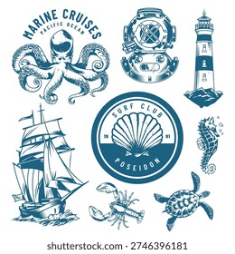 This scene features various nautical elements including an octopus a ship a lighthouse and a turtle. Each part represents ocean life and marine activities around the Pacific Ocean.