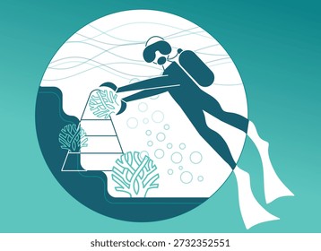 This scene focuses on a diver stabilizing coral fragments during a coral reef restoration process. The illustration highlights direct handling and attachment of coral colonies to ensure proper positioning and resistance to currents. It represents a technical stage of reef restoration, where careful placement and protection are essential for coral survival, growth, and long-term reef resilience.