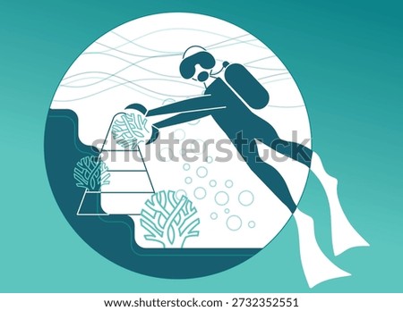 This scene focuses on a diver stabilizing coral fragments during a coral reef restoration process. The illustration highlights direct handling and attachment of coral colonies to ensure proper positioning and resistance to currents. It represents a technical stage of reef restoration, where careful placement and protection are essential for coral survival, growth, and long-term reef resilience.