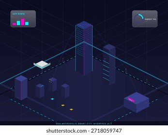 Diese Szene präsentiert eine intelligente City-Schnittstelle, die Gebäudestrukturen und Energieniveaus in Neo Metropolis während einer digitalen Simulation anzeigt. Die Daten werden in klarer Dynamik dargestellt.