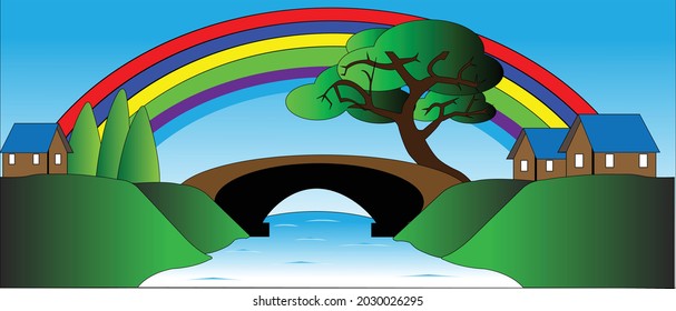 This is a scene of a river,where a bridge is crossing over it and a rainbow on sky