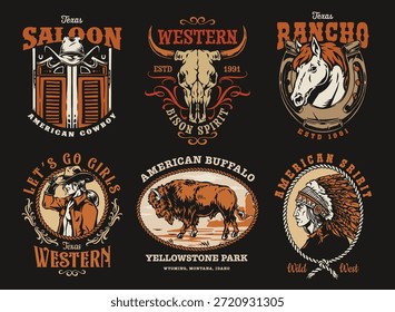 Esta escena muestra varios diseños con motivos de ranchos de vaqueros y temas occidentales. Cada diseño destaca Elementos de la cultura e historia del salvaje oeste en Texas.