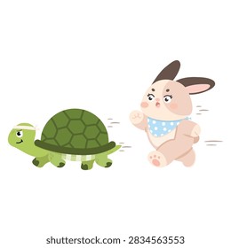 This scene shows a classic competition between a turtle and a rabbit. Use this for educational materials or storytelling themes about persistence. The image captures motion and rivalry for digital media or print projects today.