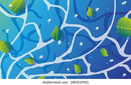 This is a sea water background with many fallen leaves