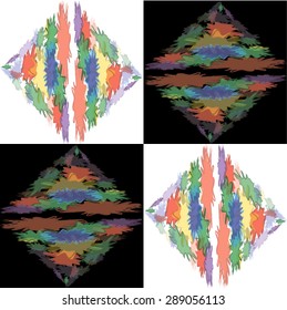 This is seamless abstract background. It has rhombuses of colored circles on a black and white squares.