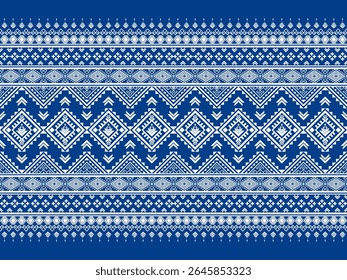 Este patrón de tela geométrica abstracta sin costuras presenta una mezcla de Formas geométricas, azul y blanco. Patrón de tela tradicional mezclado con moderno, perfecto para ropa, textiles, moda, gráficos.