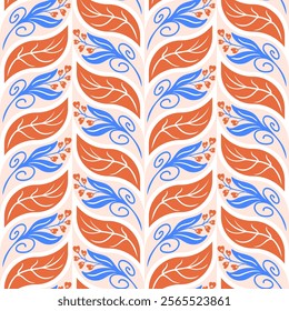 This seamless abstract pattern showcases wheat, flowers, and leaves in a flat design aesthetic. This vector art brings a contemporary flair to various projects, ideal for textiles, wallpaper