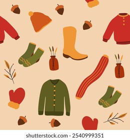 This seamless autumn pattern features a charming collection of fall-themed elements