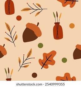 This seamless autumn pattern features a charming collection of fall-themed elements