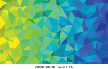 Este telón de fondo sin fisuras muestra una disposición de triángulos teselados en vibrantes tonos amarillos, verdes y azules, creando una superficie texturizada moderna con una composición poligonal.