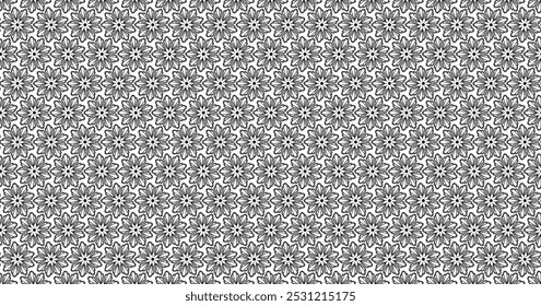 This seamless black and white floral geometric pattern features intricately designed floral motifs arranged in a perfectly repetitive manner, creating a visually appealing and balanced look.