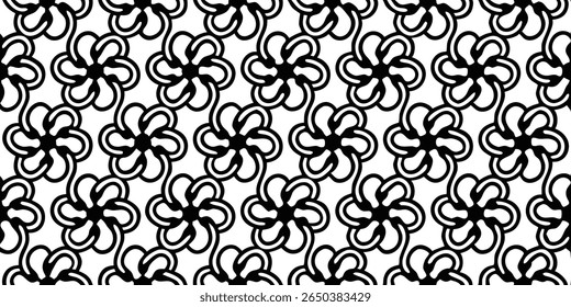 This seamless black and white pattern features interlocking floral shapes with a bold, graphic style. The design repeats across the entire image.