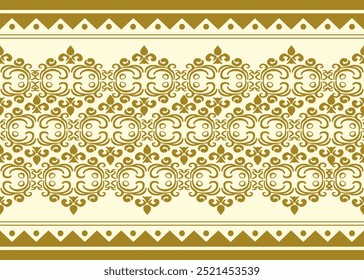 This seamless damask pattern features intricate gold motifs on a cream background, with symmetrical floral and ornamental elements. Ideal for fabric designs, wallpapers, and elegant home decor project