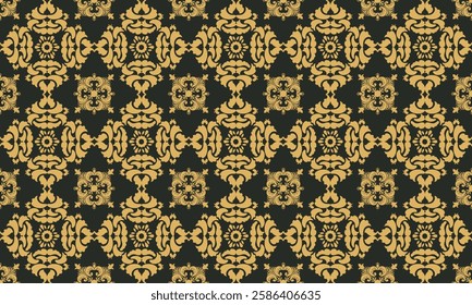 This seamless damask pattern showcases intricate golden designs on a dark background, ideal for textiles, wallpapers, luxury packaging, invitations, and home decor.