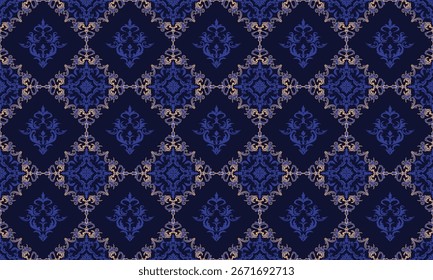 This seamless damask vector pattern in blue and gold is perfect for use on fabrics such as upholstery, curtains, bedding, tablecloths, rugs,  and fashion textiles, adding luxury to any design.