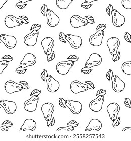 This seamless design displays an array of hand drawn pears with black outlines and simple leaf details, ideal for wallpapers, fabric prints, and creative projects that showcase fruit motifs.