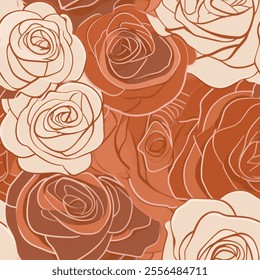 This seamless design pattern features an array of stylized roses in shades of brown and beige. The roses are outlined with simple lines, creating a layered and intricate floral composition.