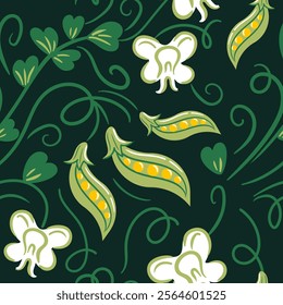 This seamless design showcases elegantly illustrated pea pods and flowers in a flat style. Its delightful vector art brings a vibrant, organic feel, making it ideal for textiles, wallpaper, and