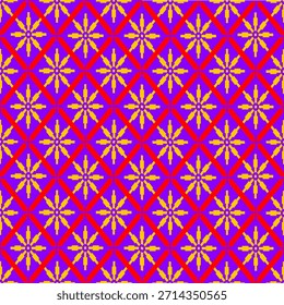 Dieses nahtlose Design verwendet geometrische Formen, die in einem Muster aus roten Diamanten angeordnet sind, die ein symmetrisches gelbes Fischgrätenmuster umgeben. Geeignet für Textilien, Druck und Inneneinrichtung.