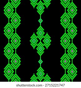 Dieses nahtlose Design verwendet geometrische Muster, die so angeordnet sind, dass sie ein traditionelles Kunst- und Kulturmotiv schaffen. Die auffälligen Farben Grün und Schwarz und das symmetrische Muster sind ideal für Textilien, Druck, Innenausstattung, Produktverpackungen und verschiedene grafische Anwendungen.