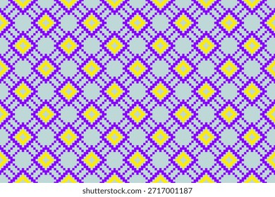 Este diseño sin costuras utiliza cuadrados dispuestos en forma de diamante púrpura y amarillo, que se asemejan a un patrón de damero. Inspirado en la cultura tribal indígena, es adecuado para textiles, impresión, Fondo de pantalla y varias industrias de Diseño gráfico.
