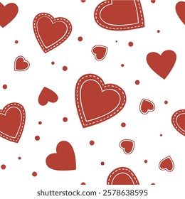 This seamless digital pattern features hand-drawn hearts with a playful, doodle-style design in a warm red color on a clean white background.