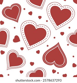 This seamless digital pattern showcases a hand-drawn heart design in a vibrant red and white color scheme, creating a charming and romantic aesthetic.