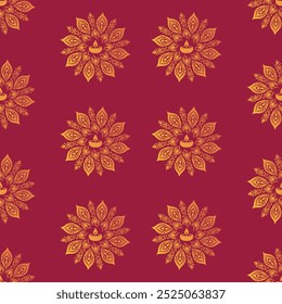 Este padrão de Diwali sem costura apresenta motivos diya dourados com desenhos florais intrincados em um fundo vermelho vibrante. Perfeito para projetos festivos, envoltórios de presentes ou decorações, adicionando calor e elegância