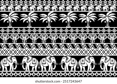 This seamless elephant pattern, by Thai for use in fashion can be printed on trousers, shirts, or home decor items like curtains, cushions, and bed sheets. The intricate black-and-white design.