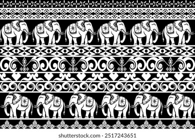 This seamless elephant pattern, by Thai for use in fashion can be printed on trousers, shirts, or home decor items like curtains, cushions, and bed sheets. The intricate black-and-white design.