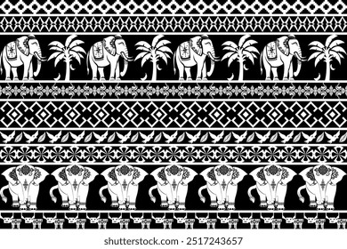 Este padrão de elefante sem costura, pela tailandesa para uso na moda, pode ser impresso em calças, camisas ou artigos de decoração de casa, como cortinas, almofadas e lençóis. O intrincado design em preto e branco.