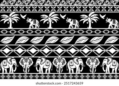 Este padrão de elefante sem costura, pela tailandesa para uso na moda, pode ser impresso em calças, camisas ou artigos de decoração de casa, como cortinas, almofadas e lençóis. O intrincado design em preto e branco.