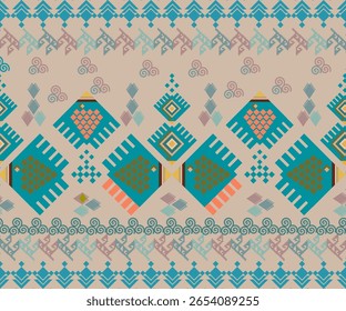 This seamless ethnic-inspired vector pattern features tribal and geometric motifs with vibrant contrasting colors. Perfect for textile design, fabric prints, wallpapers, stationery.