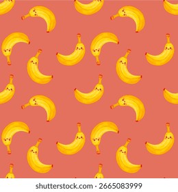 This is a seamless fabric pattern featuring multiple cute, cartoon-style bananas with happy faces r