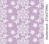 This seamless floral lace pattern features intricate white flowers and leaves over a lavender hexagonal mesh background. It is ideal for wedding stationery, textiles, and elegant web designs.