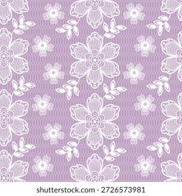 Este patrón de encaje floral sin costuras presenta intrincadas flores blancas y hojas sobre un fondo de malla hexagonal de lavanda. Es ideal para papelería de boda, textiles y Diseños web elegantes.