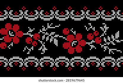 This seamless floral pattern draws inspiration from traditional Ukrainian folk embroidery and the distinctive visual style of authentic Vyshyvanka ornament. Created in a classic cross stitch technique, the composition combines stylized flowers, graceful branches, leaves, and geometric decorative motifs arranged in a balanced repeating layout. Bright red and white stitches create a striking contrast against the black background, producing an elegant ornamental design that reflects the character of traditional embroidery while maintaining the precision of scalable vector artwork.

The repeating composition connects smoothly on every side, allowing the pattern to extend continuously across fabrics, printed materials, and digital surfaces without visible joins. Every element is built from clearly defined cross stitches, giving the illustration the familiar appearance of counted embroidery while preserving the flexibility of editable vector graphics. The combination of floral motifs, geometric borders, and rhythmic symmetry creates a timeless decorative pattern inspired by Ukrainian cultural traditions.

Suitable for textile printing, fabric collections, apparel, home décor, wallpaper, wrapping paper, stationery, scrapbook paper, greeting cards, invitations, packaging, branding, surface pattern design, digital graphics, educational resources, and creative craft projects, this scalable vector illustration maintains excellent clarity at any size. The harmonious balance of floral ornament and traditional geometric embroidery creates a versatile repeating background suitable for commercial and personal creative work inspired by Ukrainian decorative art.
