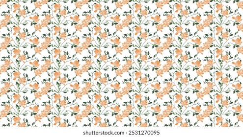 This seamless floral pattern features delicate hand-drawn flowers with soft orange petals and green leafy stems, creating a refreshing and natural look.