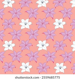 This seamless floral pattern features delicate pink and white lily flowers against a soft orange background. Perfect for textiles, wallpaper, stationery, and decorative projects. 