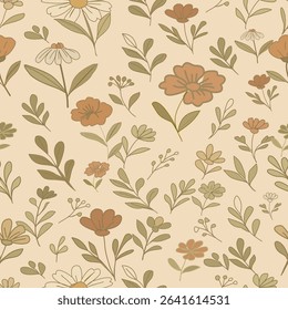 This seamless floral pattern features hand-drawn wildflowers in warm earth tones on a soft beige background. Delicate daisies, terracotta blossoms, and slender botanical leaves create a calm and organ
