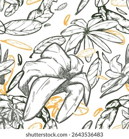 This seamless floral pattern features overlapping line art of gardenia flowers and canna leaves, with each element drawn in deep green, soft grey, or muted yellow. Perfect for elegant botanical.