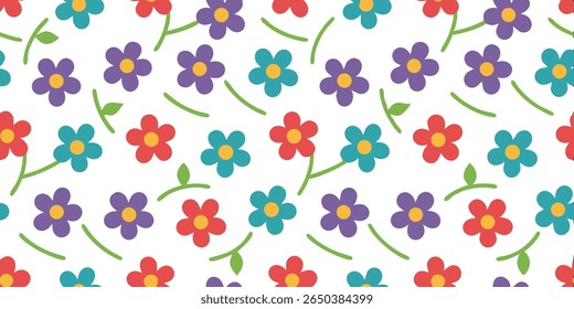 This seamless floral pattern features bright red, purple, and teal flowers with yellow centers, interspersed with delicate green stems and leaves, creating a playful design.