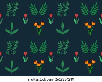 This is a seamless floral vector pattern design with spring flower and leaf elements, ideal as a colorful nature decoration or wallpaper texture