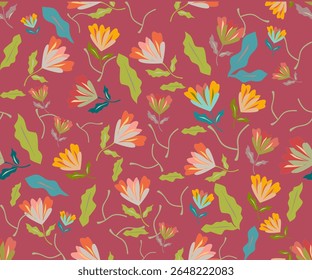 This seamless floral vector pattern features hand-drawn summer flowers arranged in a quick-repeat layout, ideal for digital printing, textiles, packaging, and creative craft projects.