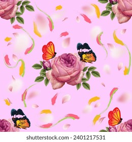 Este es un patrón de acuarela floral sin fisuras con flores rosas, hojas, pájaros, mariposas y ramas