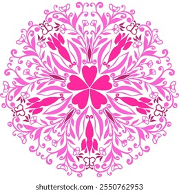 This seamless geometric pattern features symmetrical floral elements. The design includes petals, hearts, and intricate looping lines, all executed in shades of pink ranging from soft to vibrant.